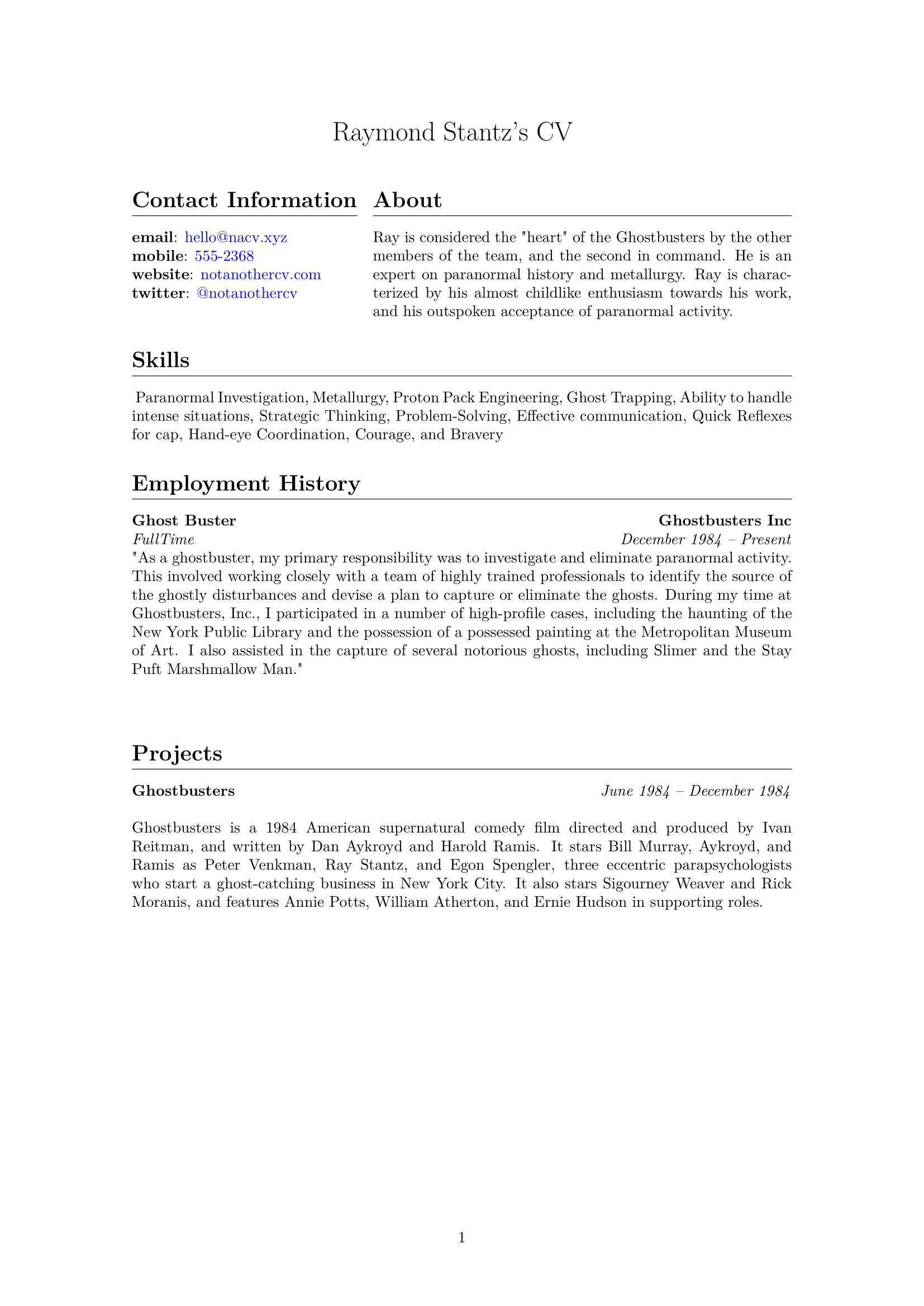 An example cv for a ghostbuster